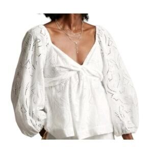 Banana Republic Eyelet Twist Top XL White Smocked Back Balloon Elastic Sleeve